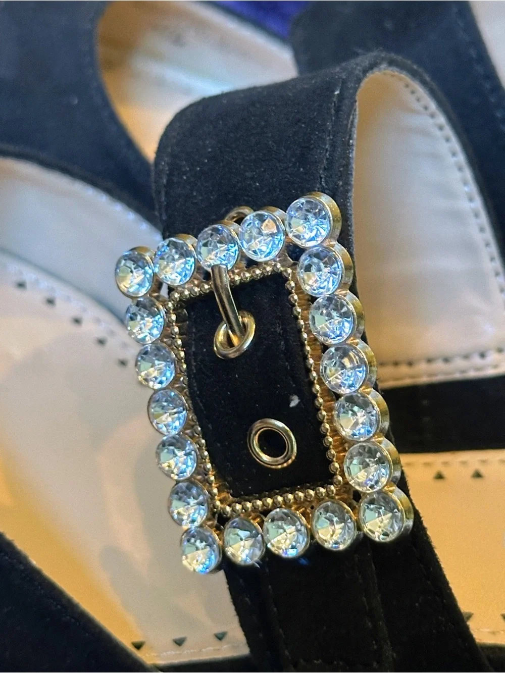 Adrienne Vittadini Black Suede Mary Jane Heels with Crystal Buckle